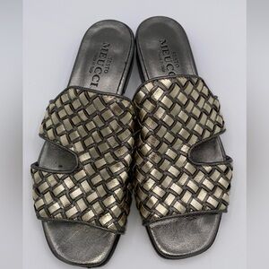 Sesto Meucci Flip Flops Shoes Womens Sz 5 Gold Metallic Woven Leather Slip AB01